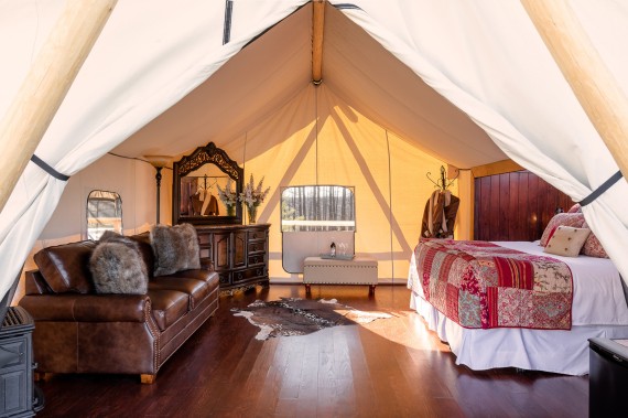 Luxury tent interior at Siwash Lake Wilderness Resort.