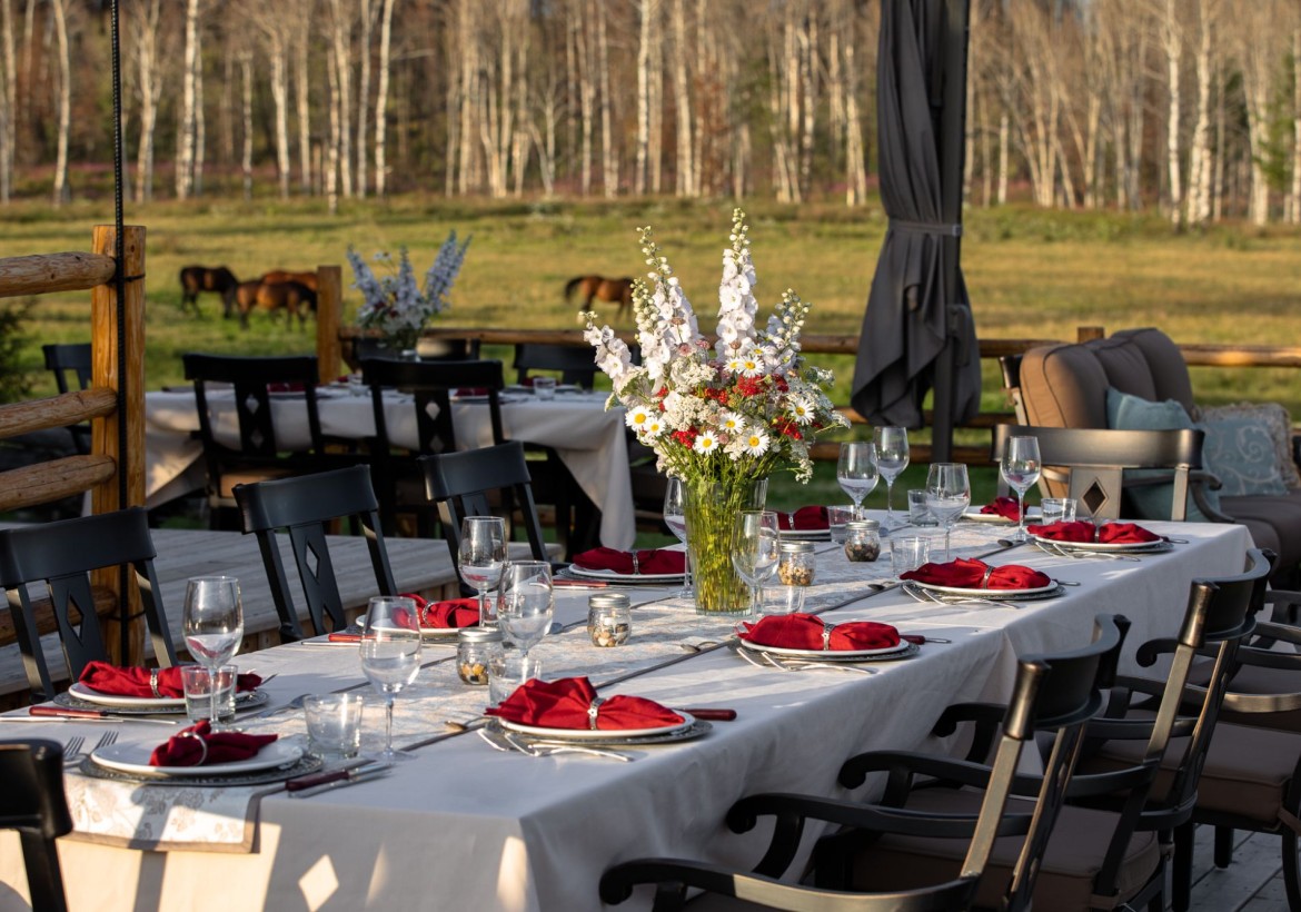 Private open air dining on the sundeck at Siwash Lake