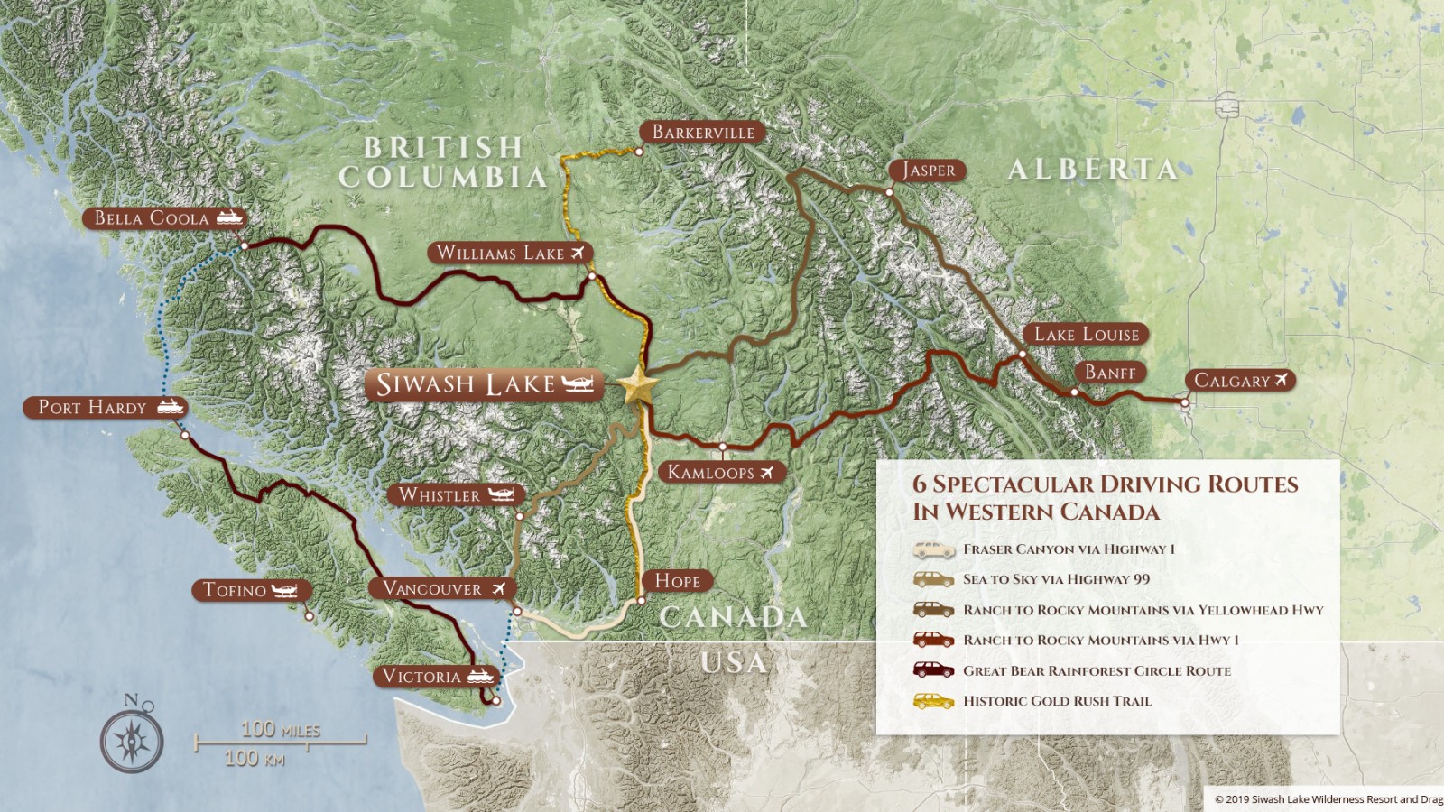 Siwash Lake is located on route from Vancouver to Banff and Jasper in the Rocky Mountains